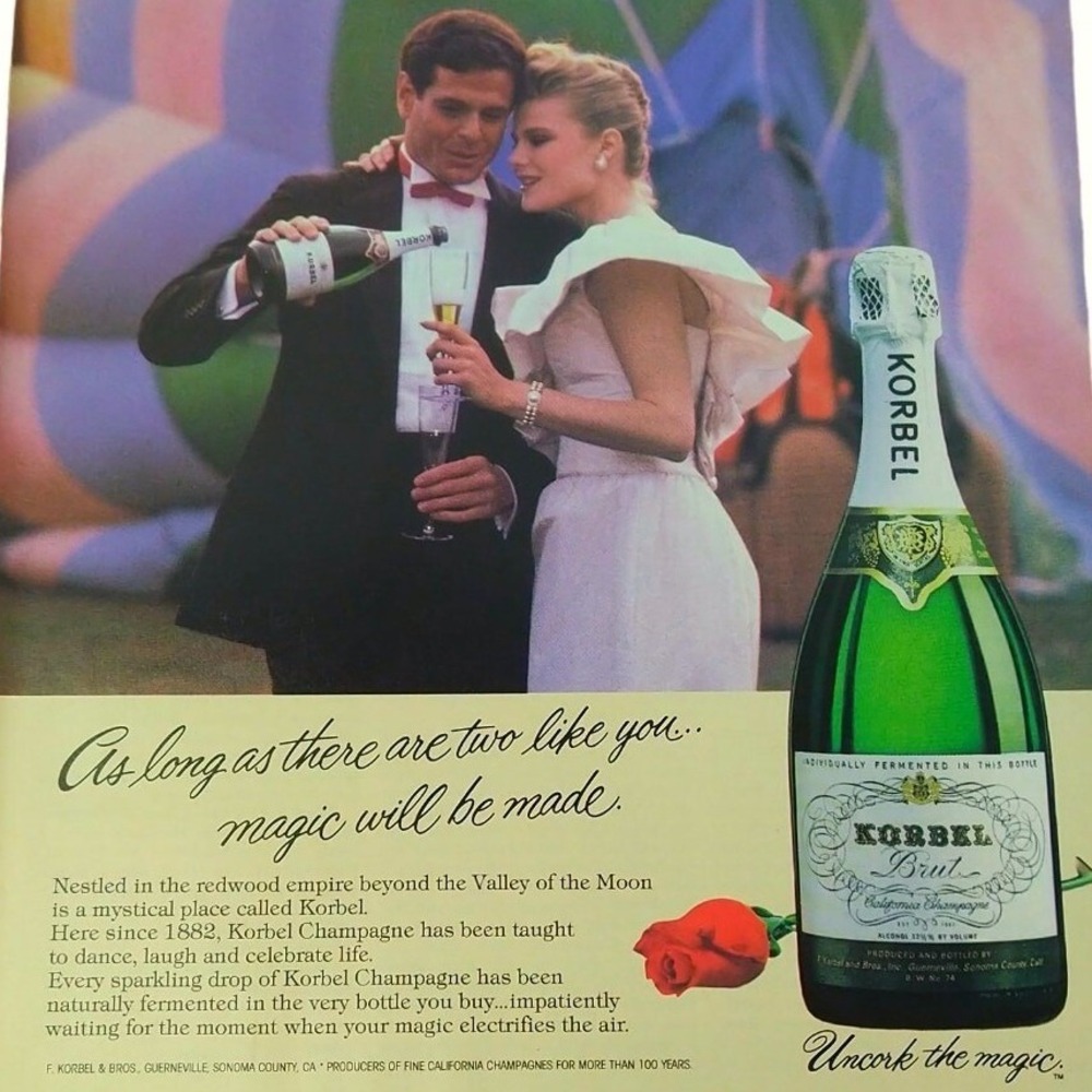 1983 Korbel Champagne Retro Glam Couple Hot Air Balloon Magic Made Vtg Print Ad